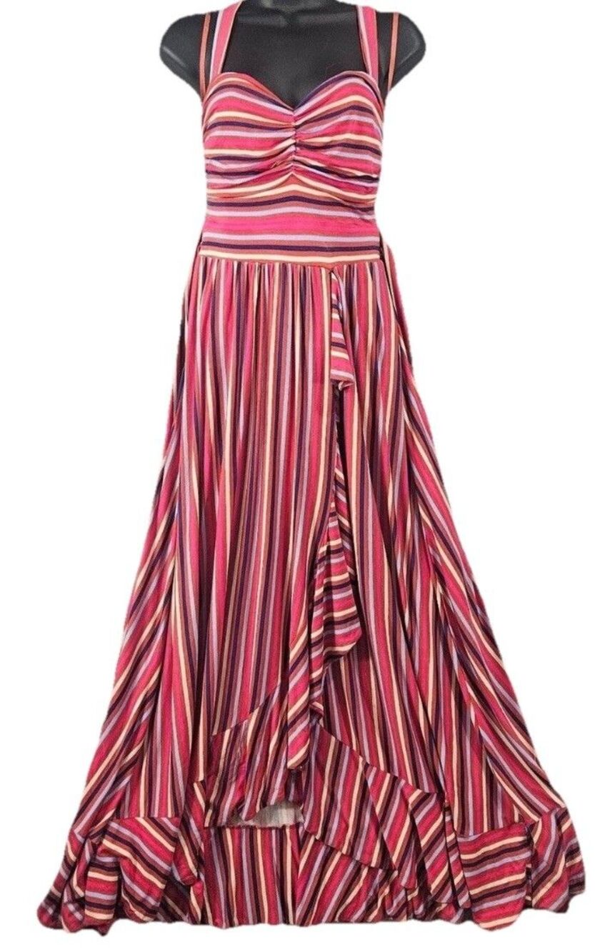 Anthropologie Maeve Gabriela Ruffled Maxi Dress Pink Red Stripe in a Sz L NWT